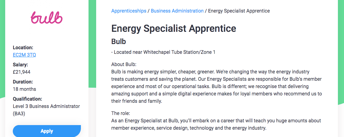 Screenshot of An apprentice role open at green energy business Bulb.