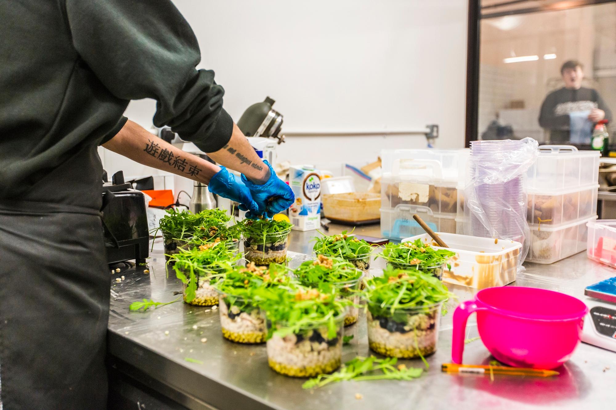 Photo of food preparation inside Karma Kitchen.