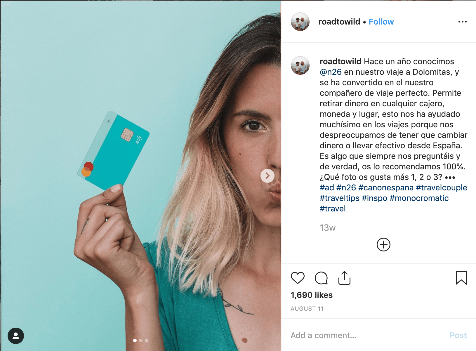 A SamyRoad campaign, showing travel vlog account roadtowild promoting digital bank N26