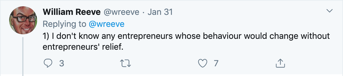 William Reeve tweet about Entrepreneurs' Relief