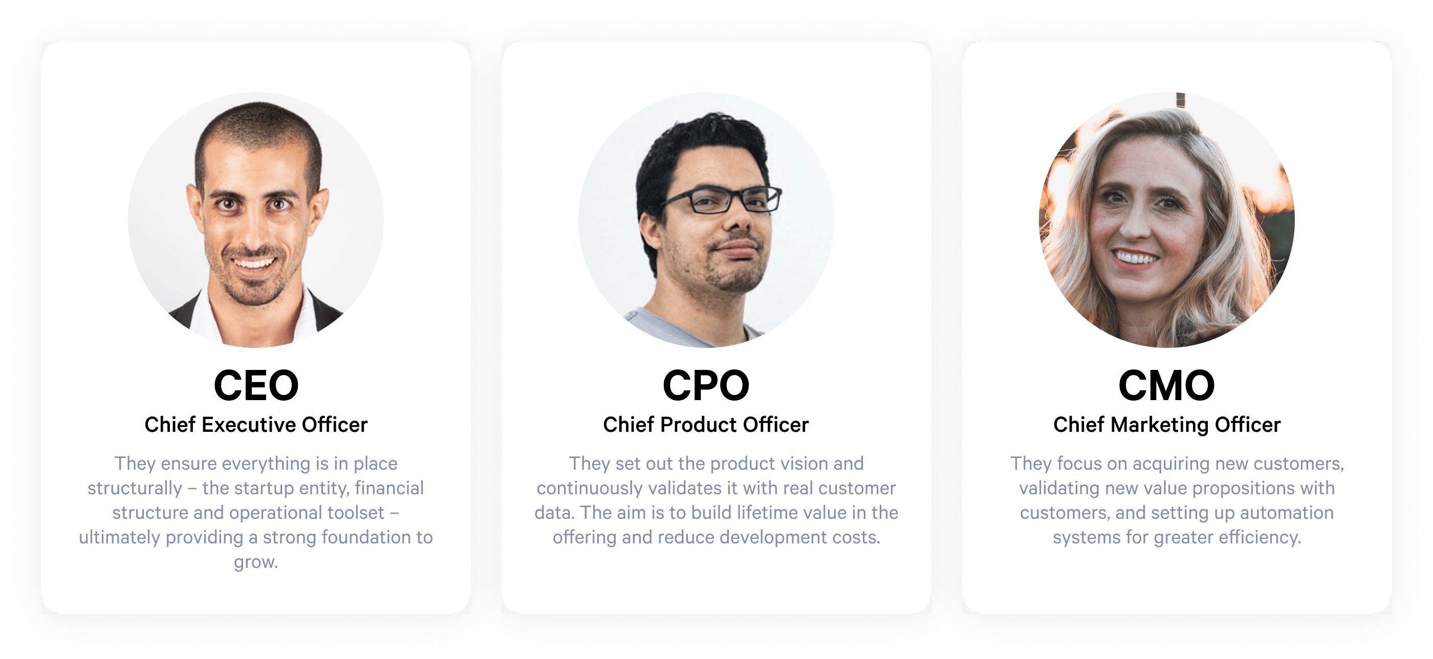 CEO, chief product officer and chief marketing officer roles