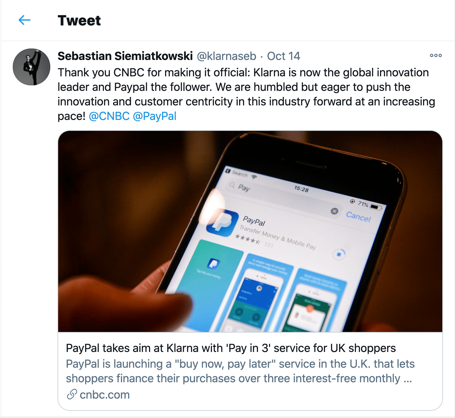 Sebastian Siemiatkowski Klarna Tweet