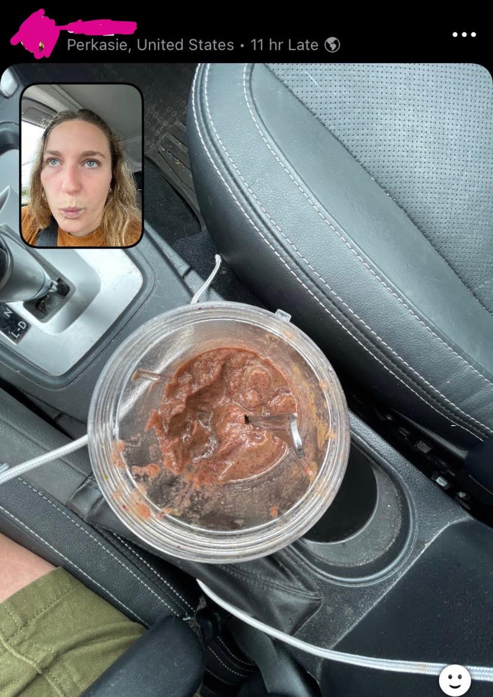 A screenshot from social media app BeReal, showing a brown ice cream-looking thing in a plastic cup