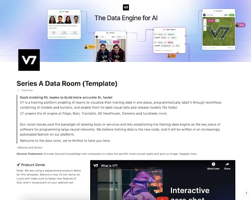 A screenshot from a Notion page for V7's data room