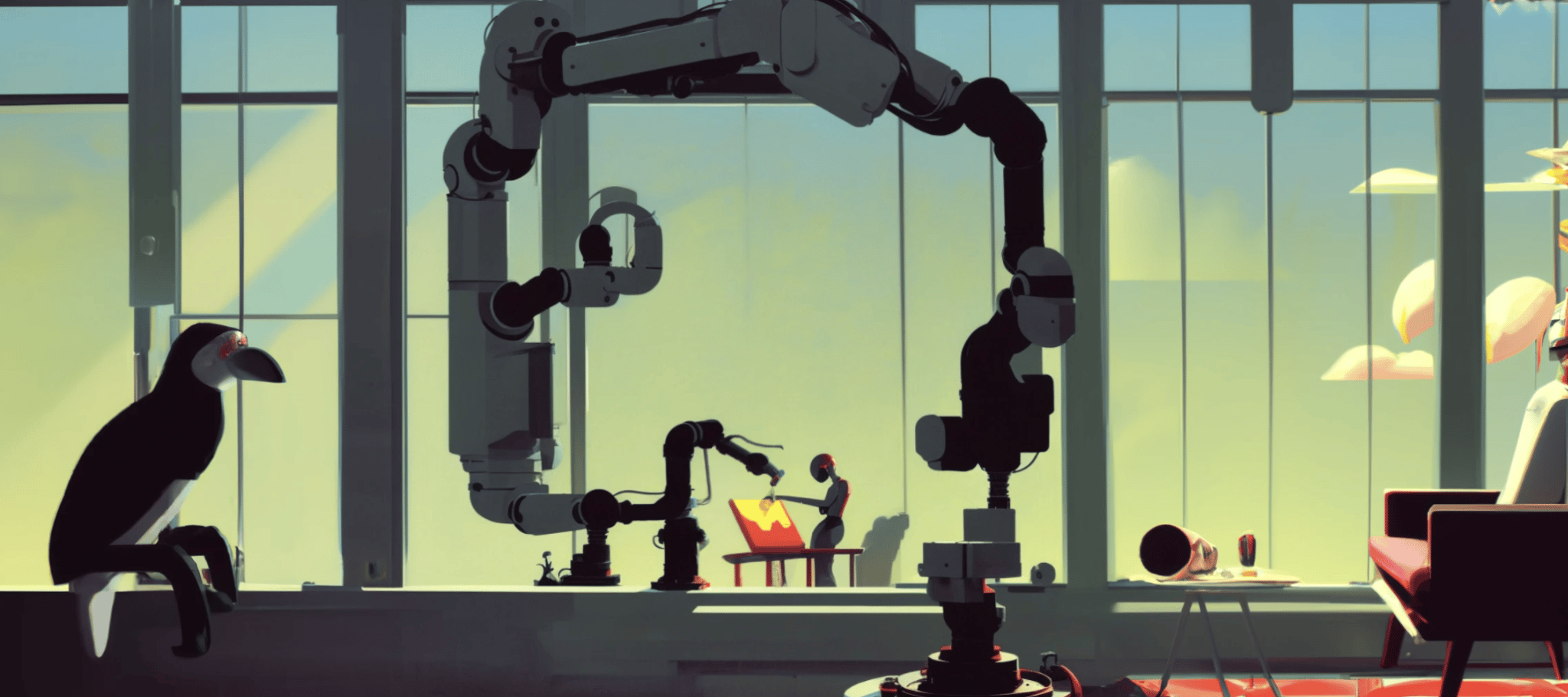 An image created by generative AI platforms DALL-E and Stable Diffusion, showing a robot painting on a canvas.
