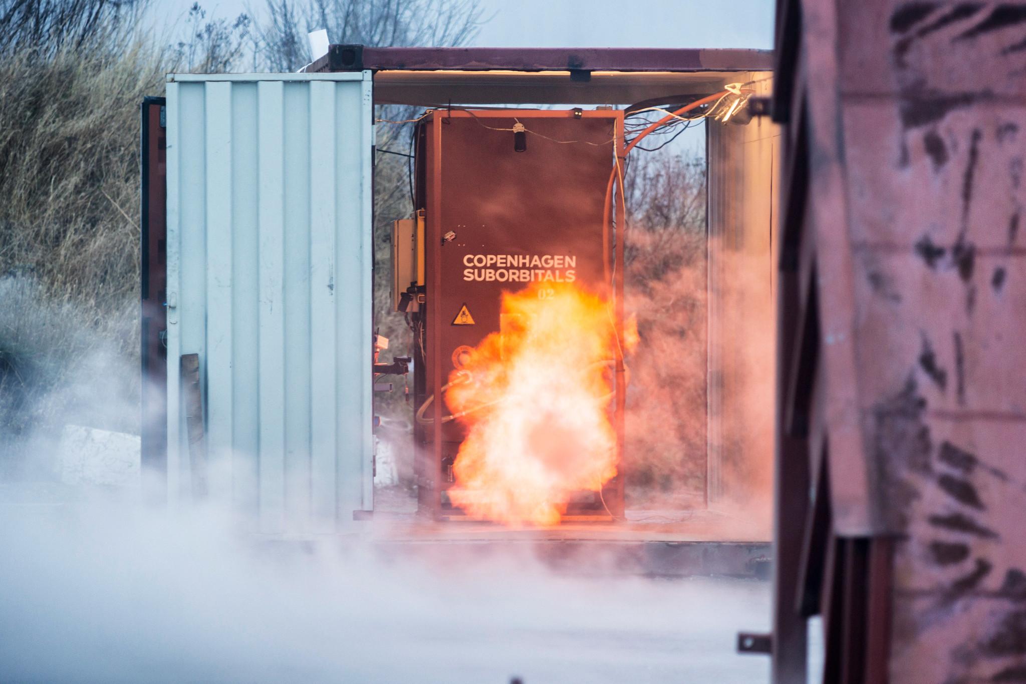 Copenhagen Suborbitals' machinery being tested, with some flames shooting out