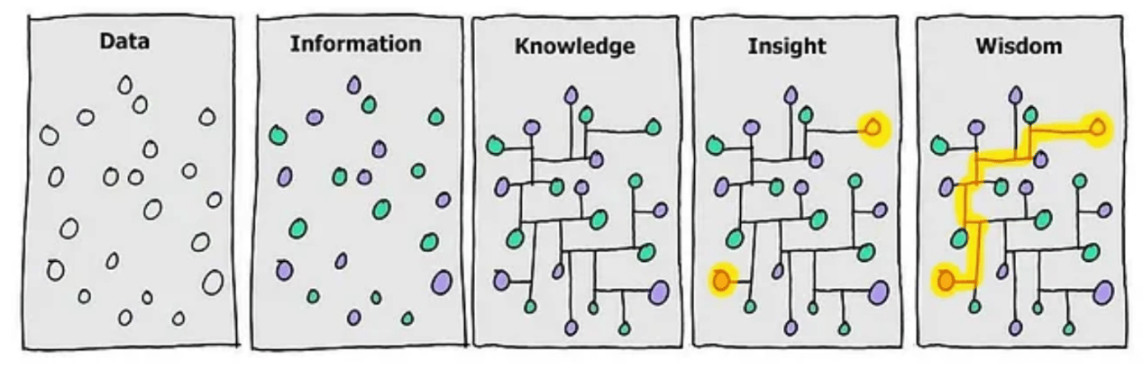 An illustration of dots and lines that gets more connected, the first box reads "data" and the last "wisdom"