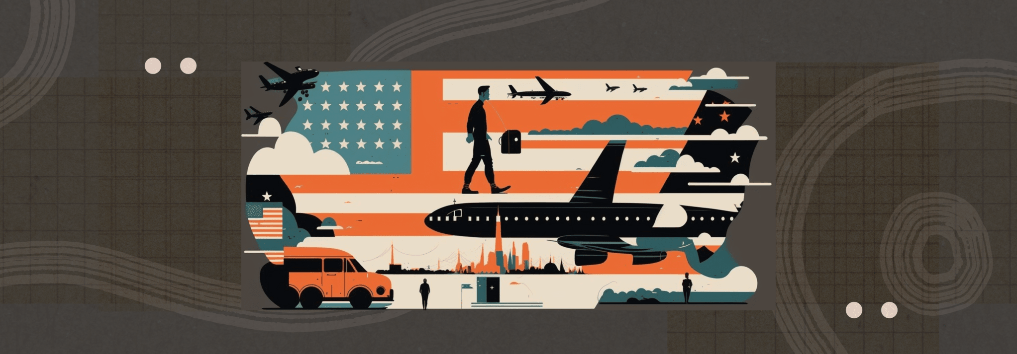 An illustration of planes, traffic and people walking in front of an American flag.