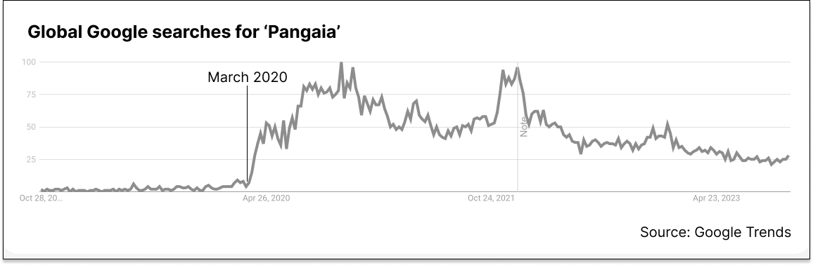 Screenshot showing Google searches for Pangaia spiking in 2020.