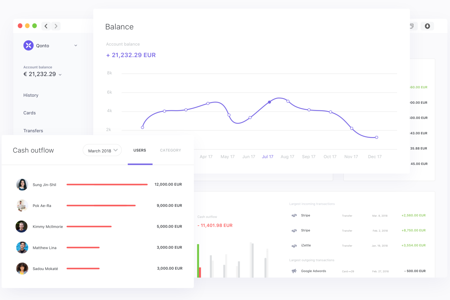 Snapshot of online business bank Qonto's account dashboard