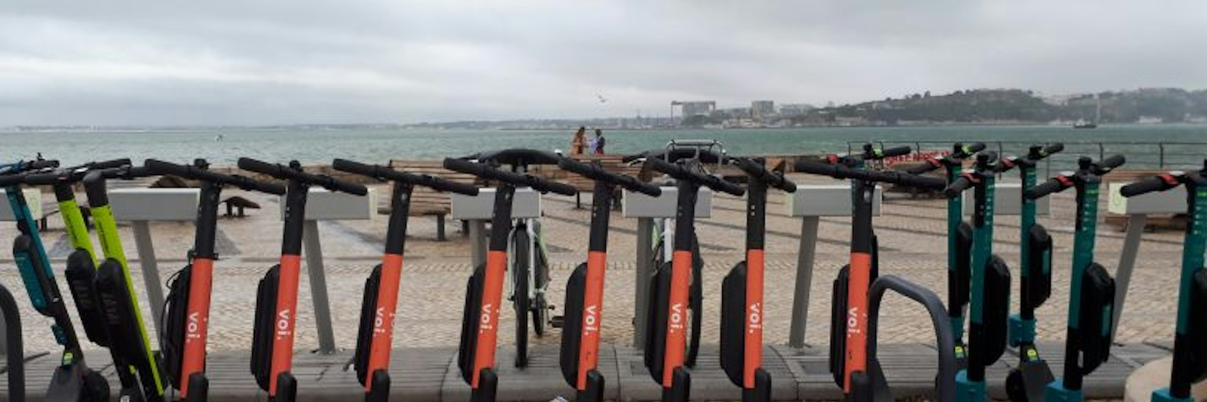 Line of Voi scooters in Barcelona