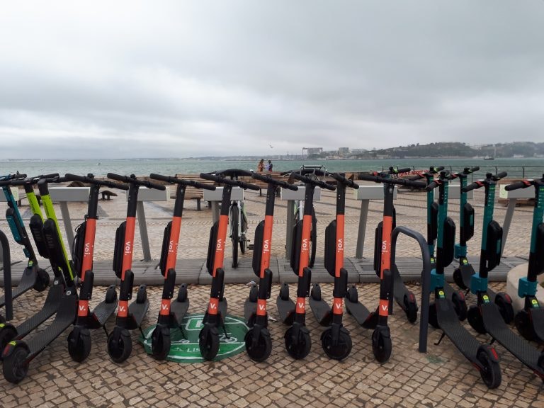 Line of Voi scooters in Barcelona