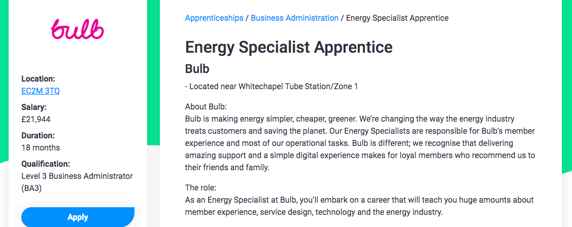 Screenshot of An apprentice role open at green energy business Bulb.