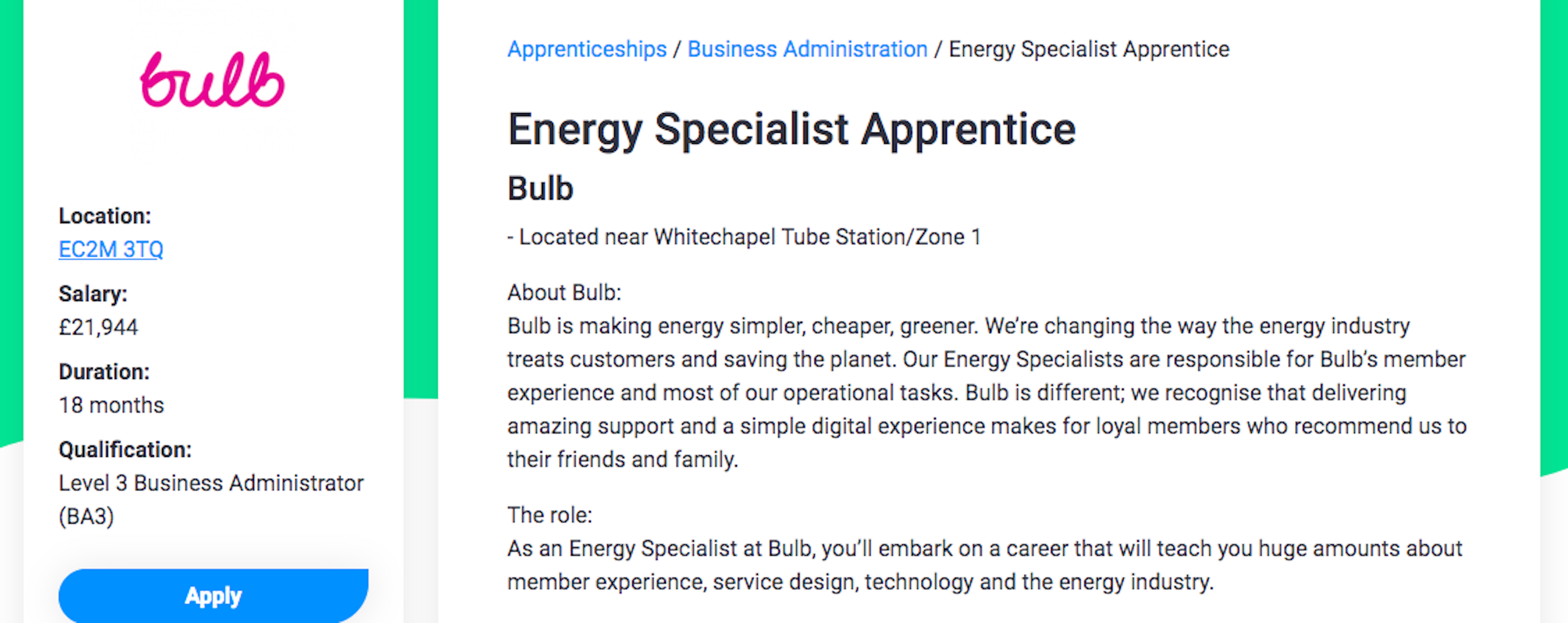 Screenshot of An apprentice role open at green energy business Bulb.