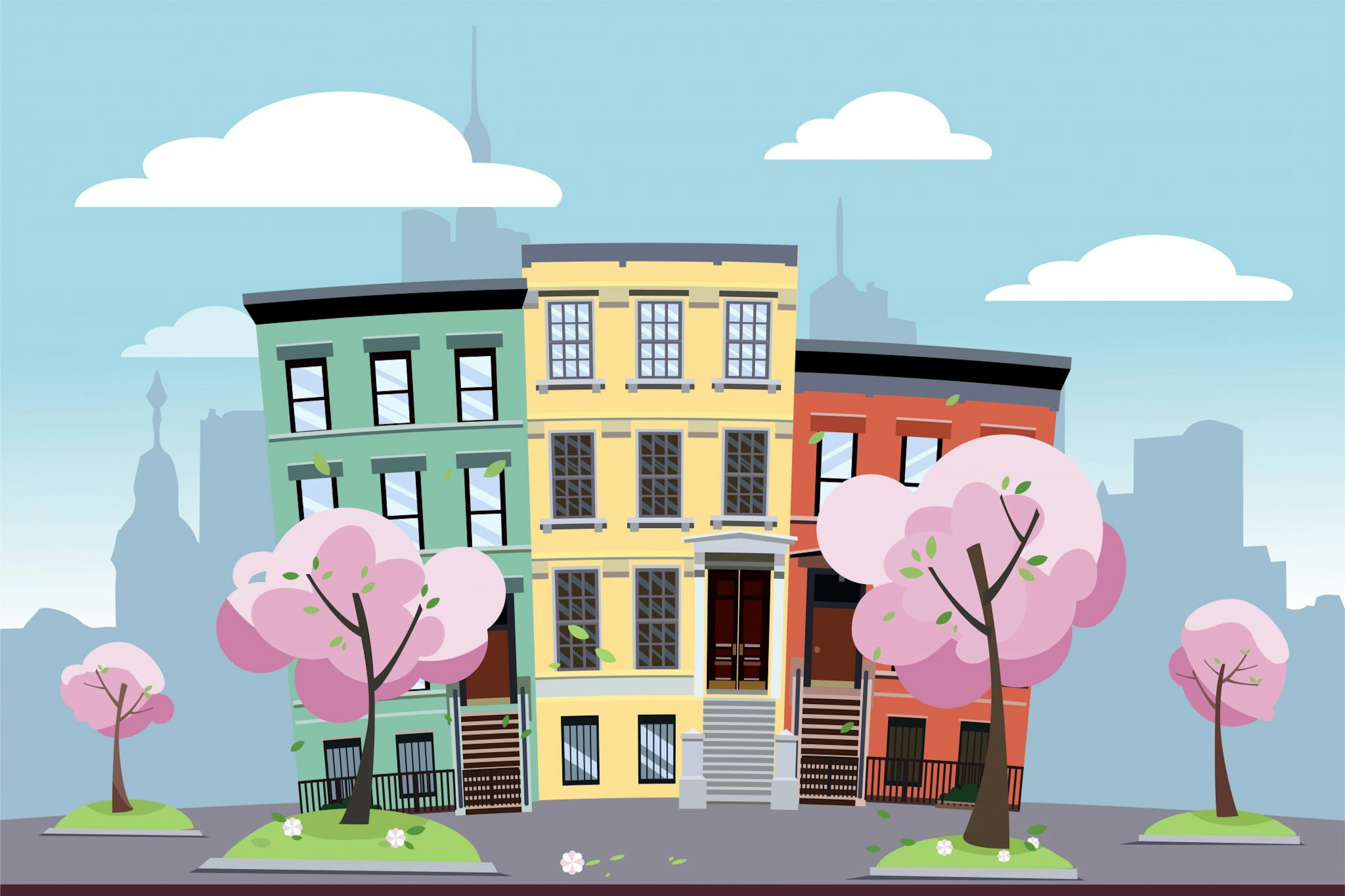 Funny multi-colored low city apartment buildings on the background of a big city. In front of the houses are blooming spring trees on green lawns. Flat cartoon illustration