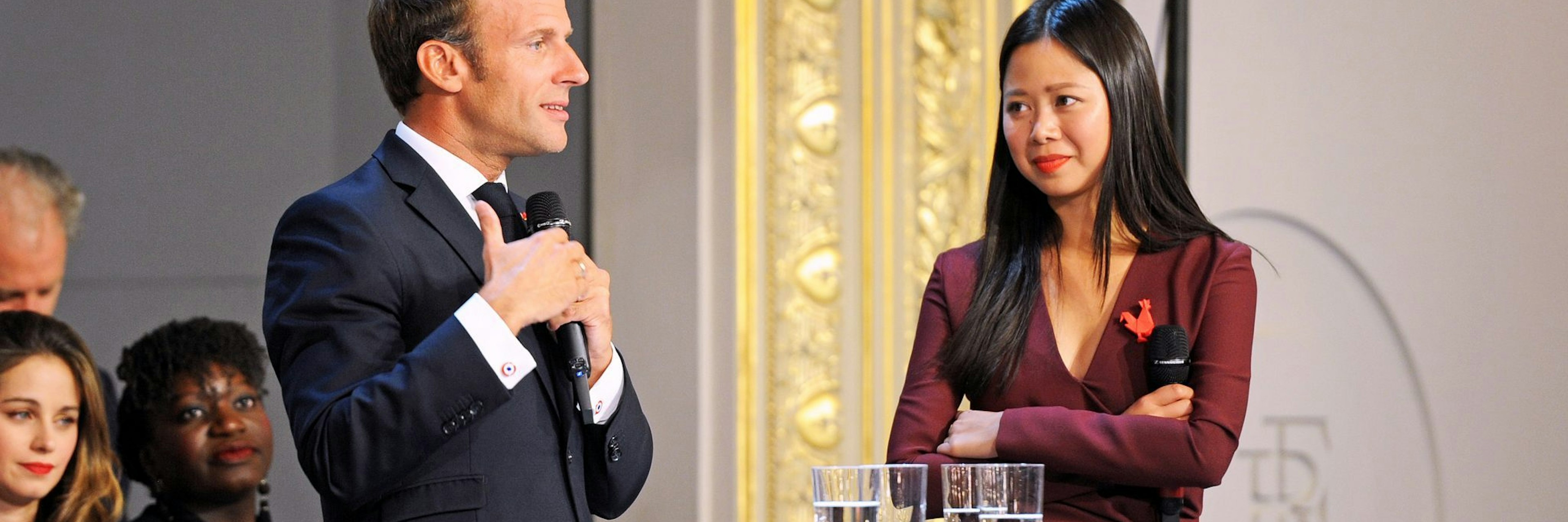 Photo of President Macron announcing the French Tech strategy with new director Kat Borlongan in 2018.