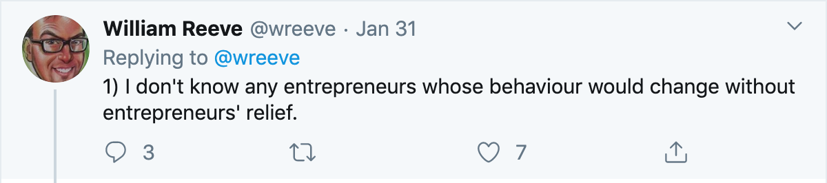 William Reeve tweet about Entrepreneurs' Relief 