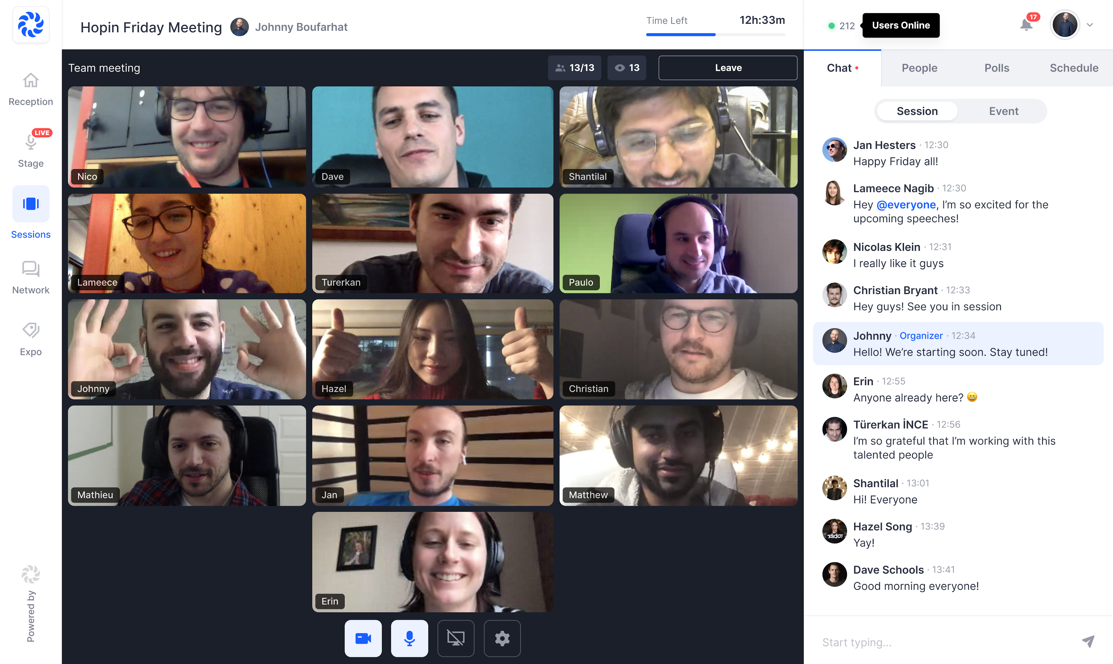 A screenshot of the Hopin team on a virtual team meeting