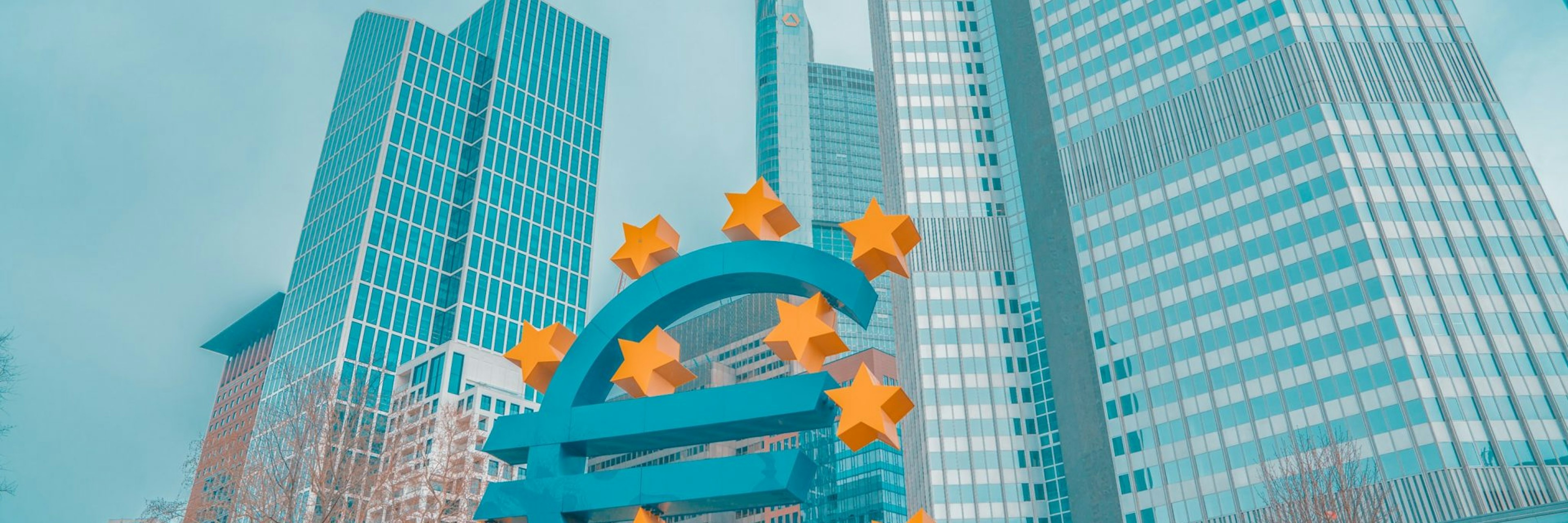 A picture of a euro sign in front of skyscrapers.