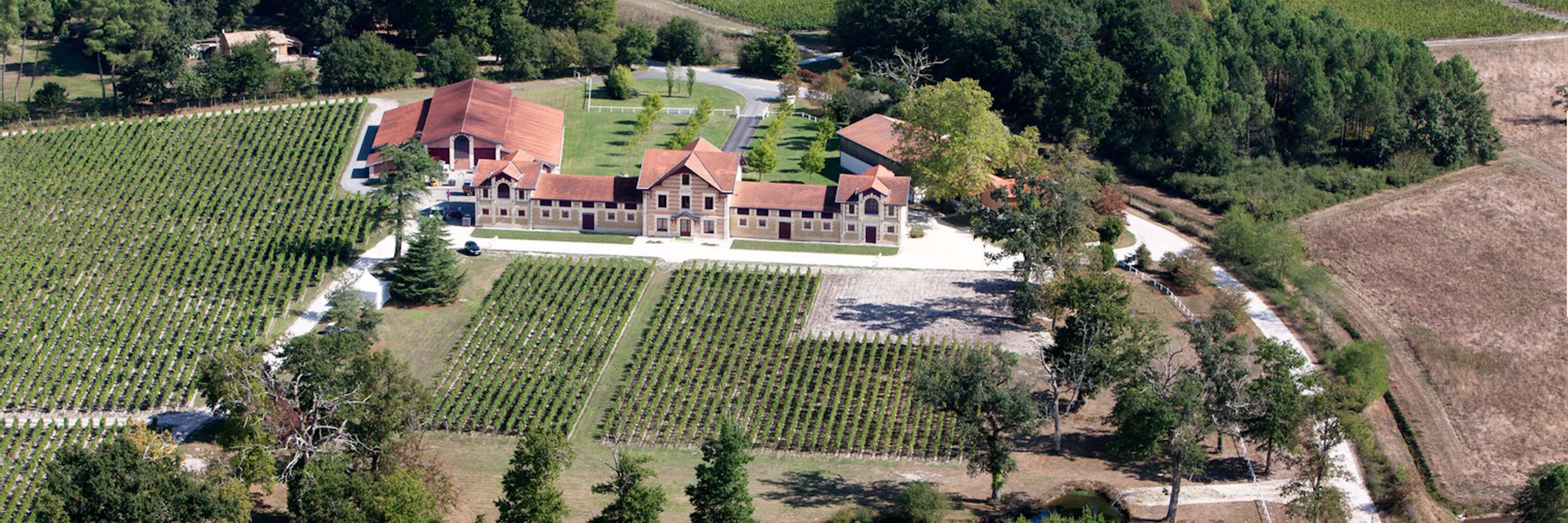 An aerial photo of vineyard startup accelerator Chateau Le Sartre bordeaux france