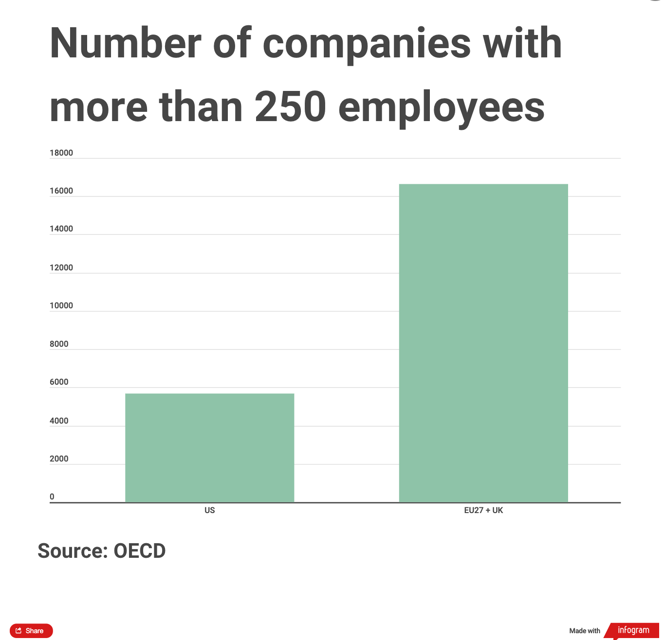 Chart showing the number of big companies in the US vs Europe