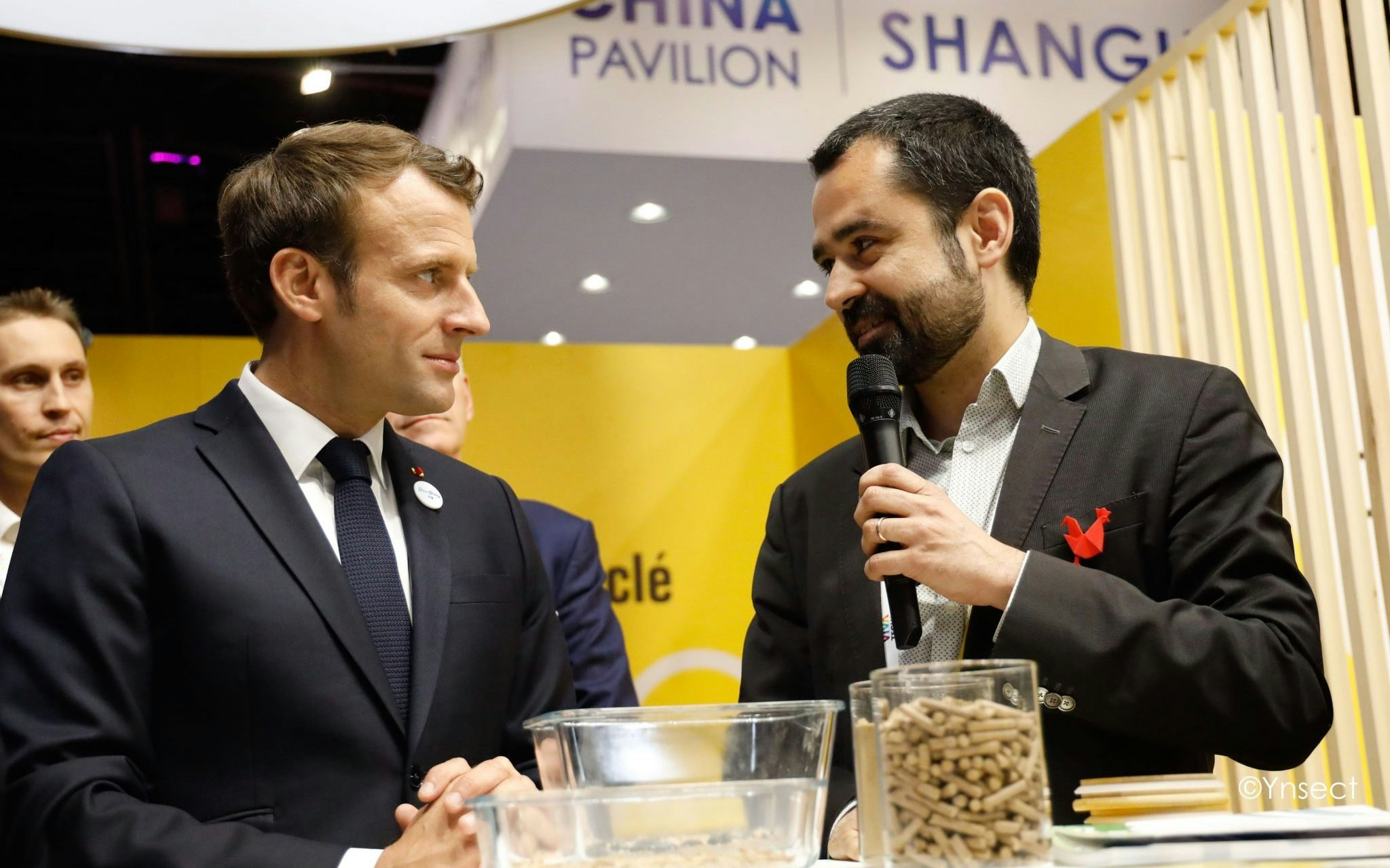 French president Macron with Ynsect founder Antoine Hubert