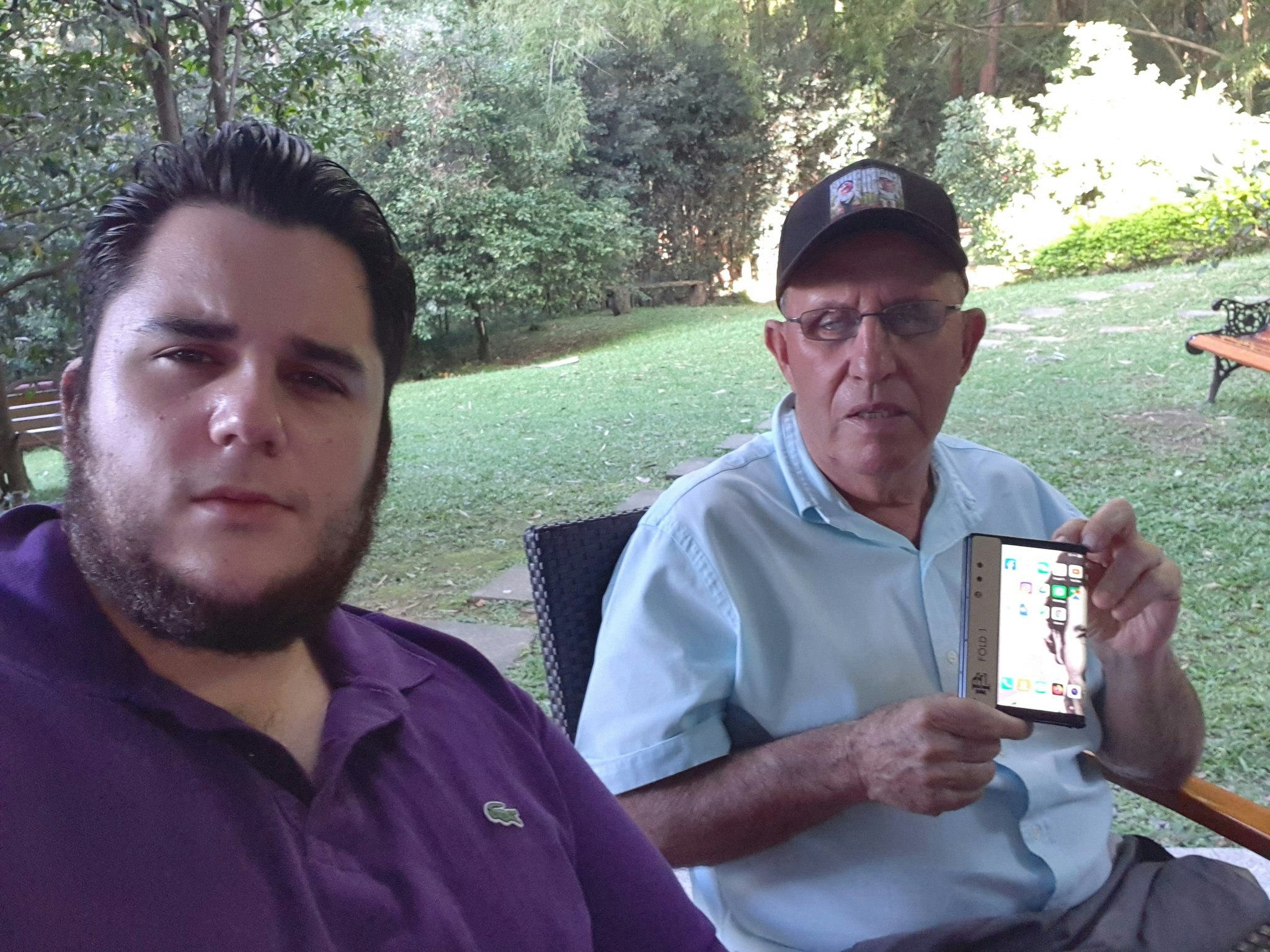 Olof Gustafsson posing with Roberto Escobar holding a Fold 1 in Medellin, Colombia