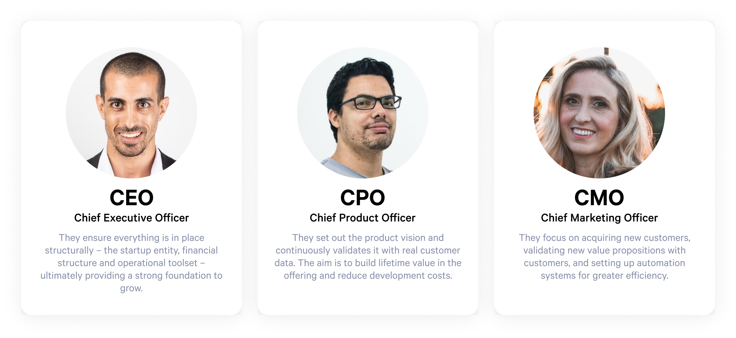 CEO, chief product officer and chief marketing officer roles