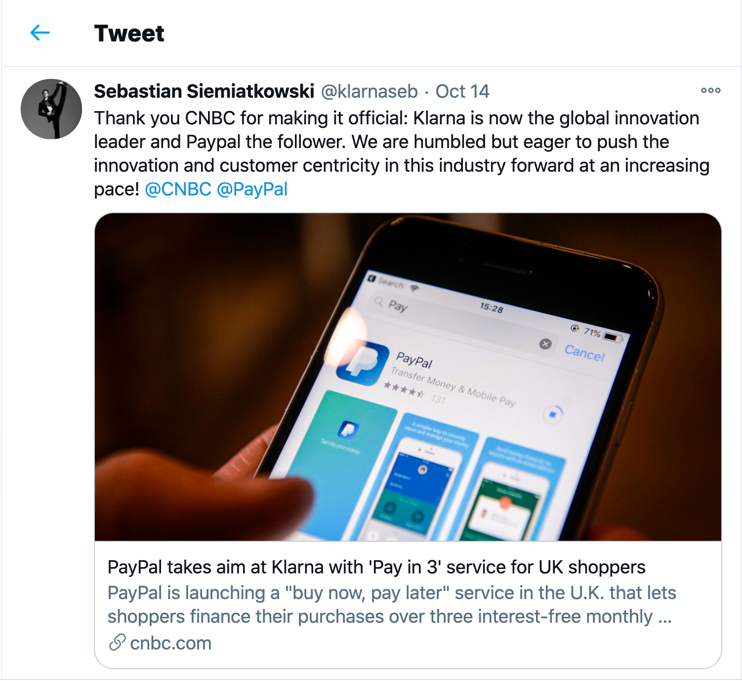 Sebastian Siemiatkowski Klarna Tweet