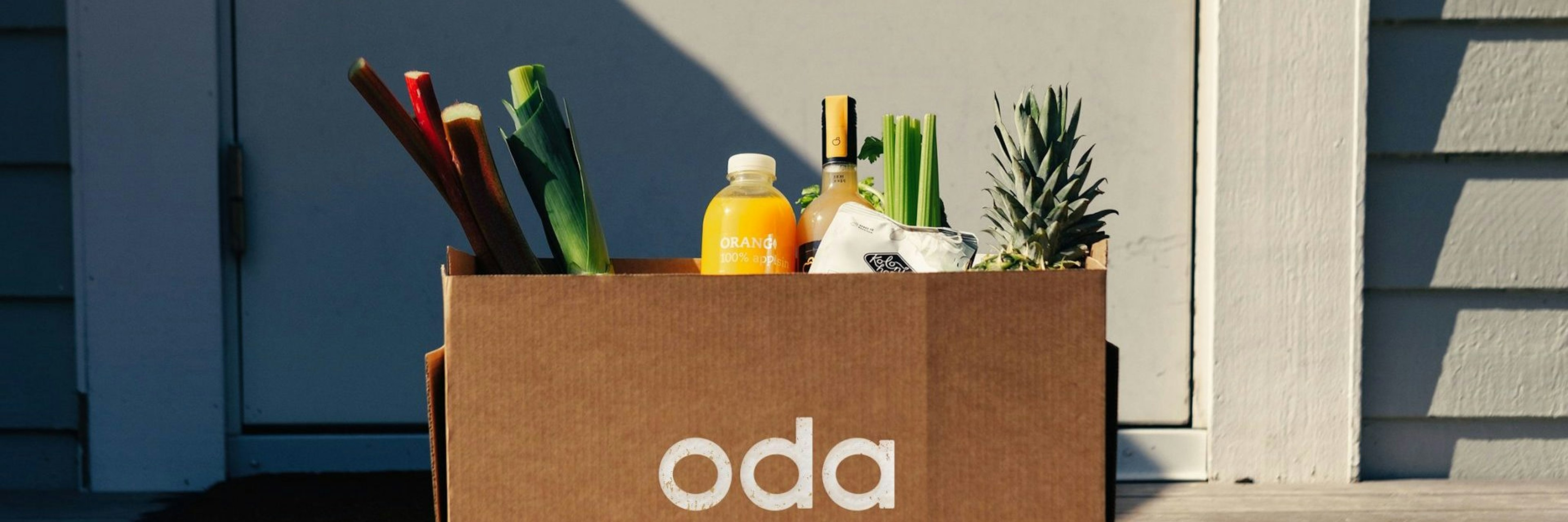 An image of a box branded by online grocer Oda.