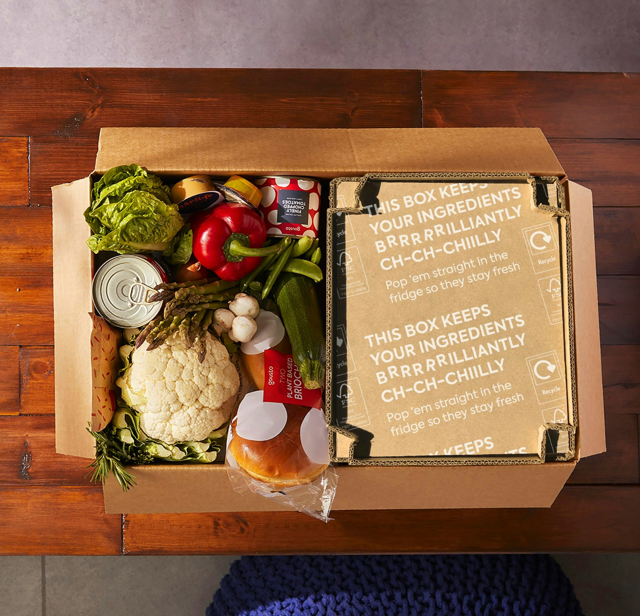 A cardboard &quot;Eco Chill Box&quot; inside a Gousto meal kit.