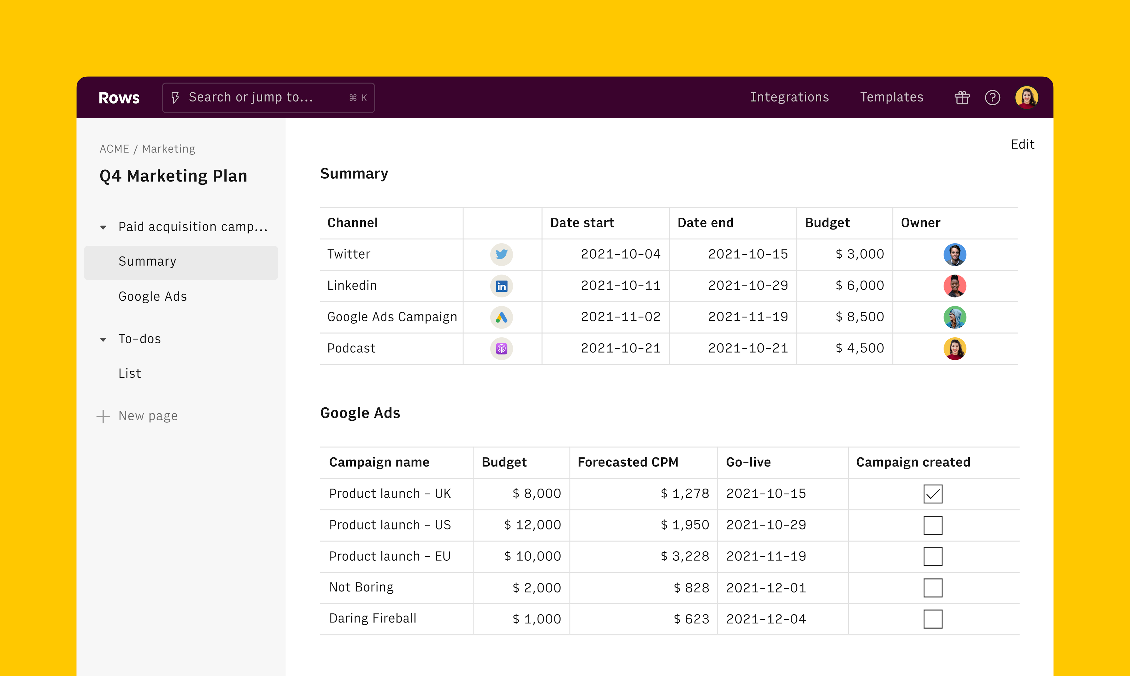 Rows spreadsheets