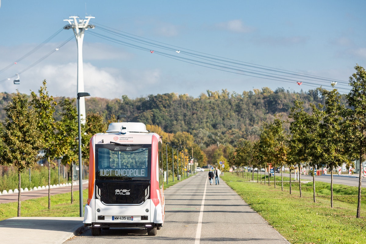 An EasyMile autonomous shuttle ferries passengers to the Oncopole cancer center in Toulouse, France.