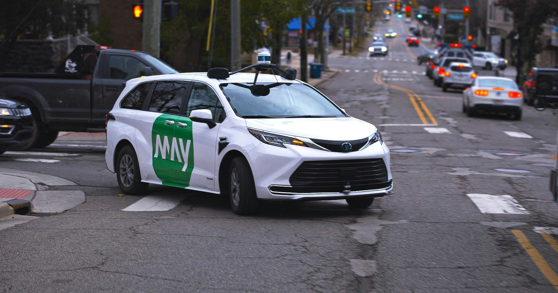 May Mobility uses a Toyota Sienna minivan that carries 8 passengers for its autonomous shuttles.