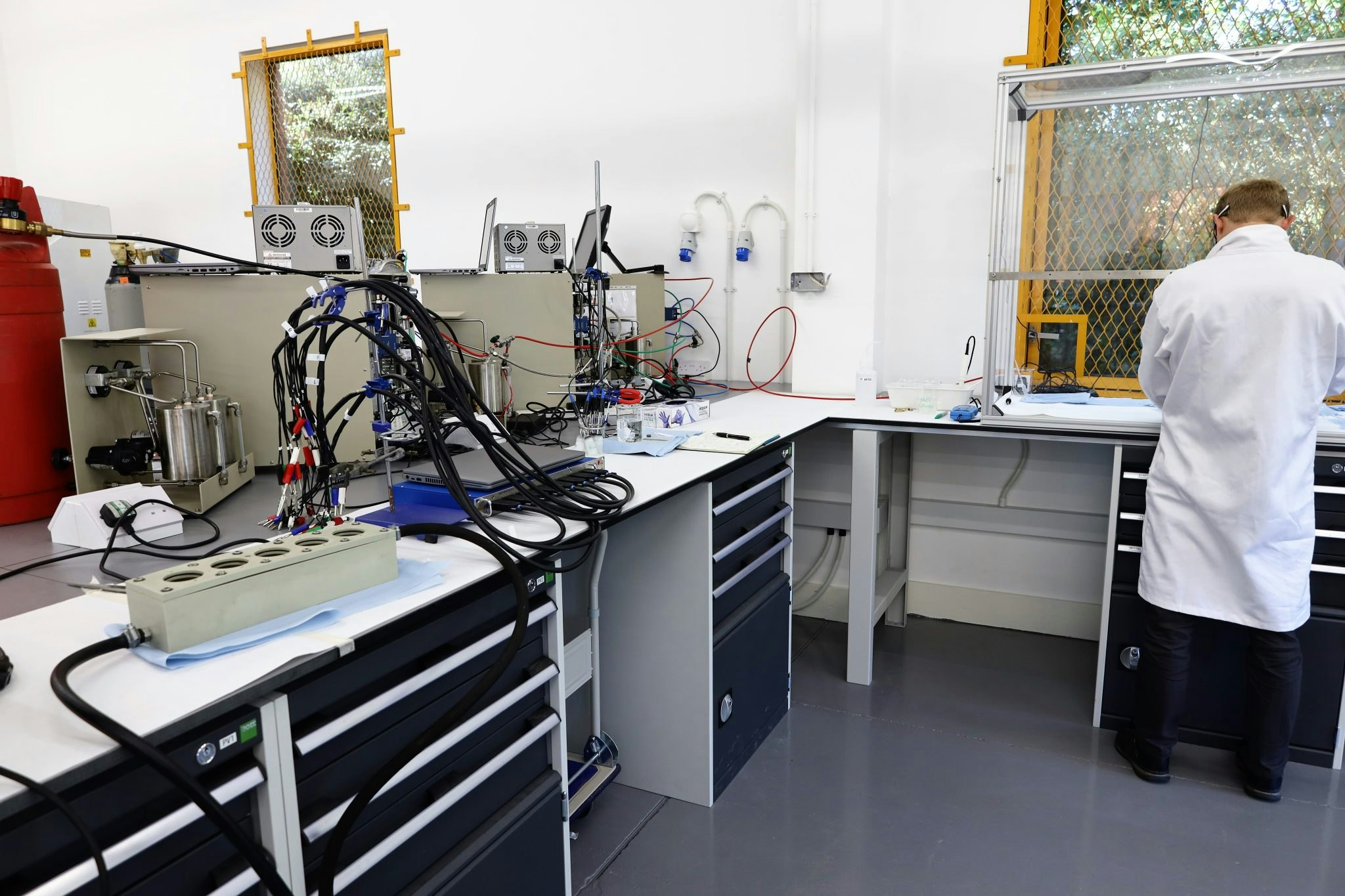 Hydrogen fuel cell parts in a lab at Bramble's headquarters