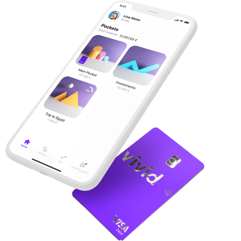 Image of a phone with the Vivid money app open alongside a Vivid card