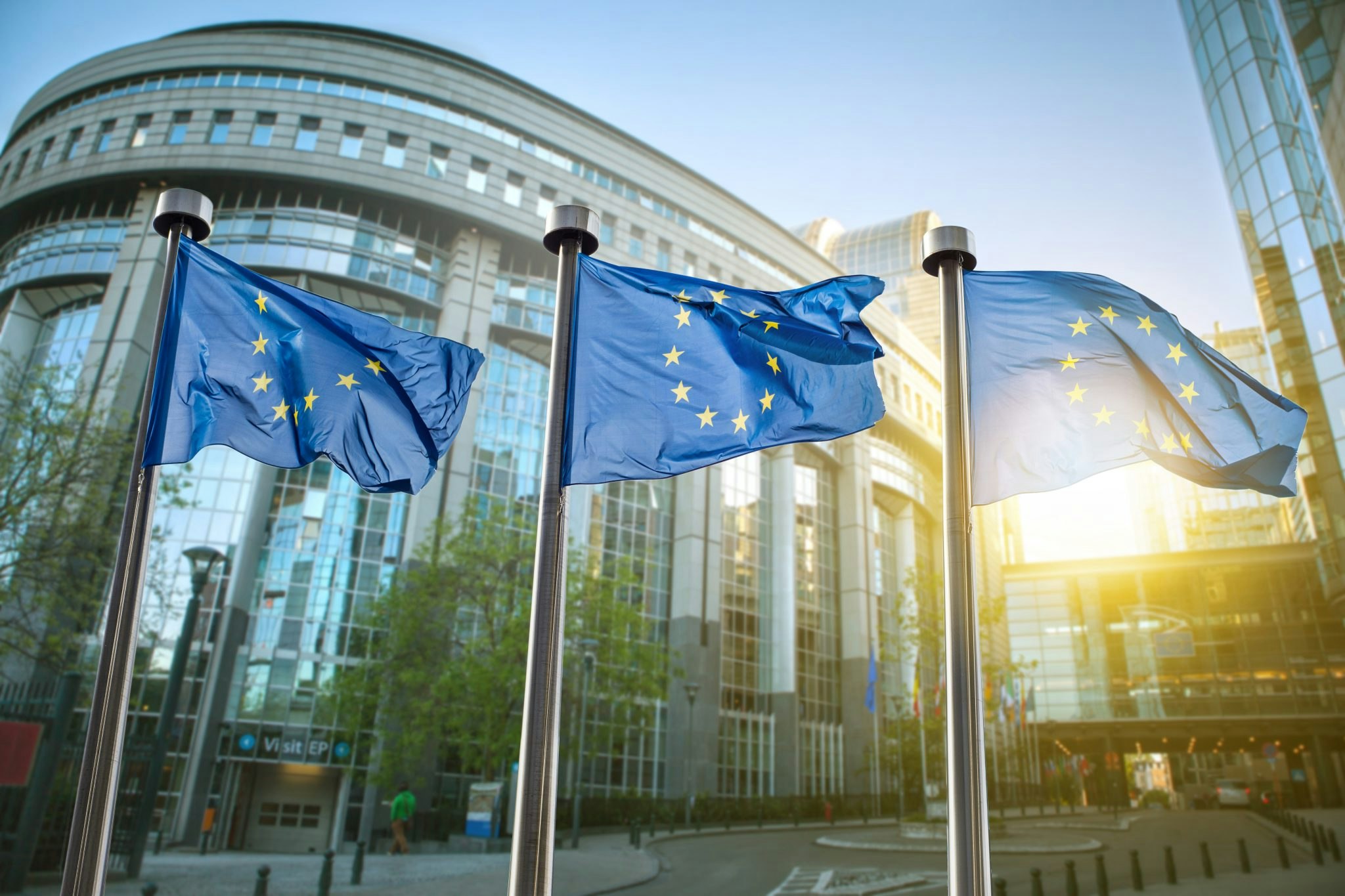 EU flags flying outside the European Parliament building