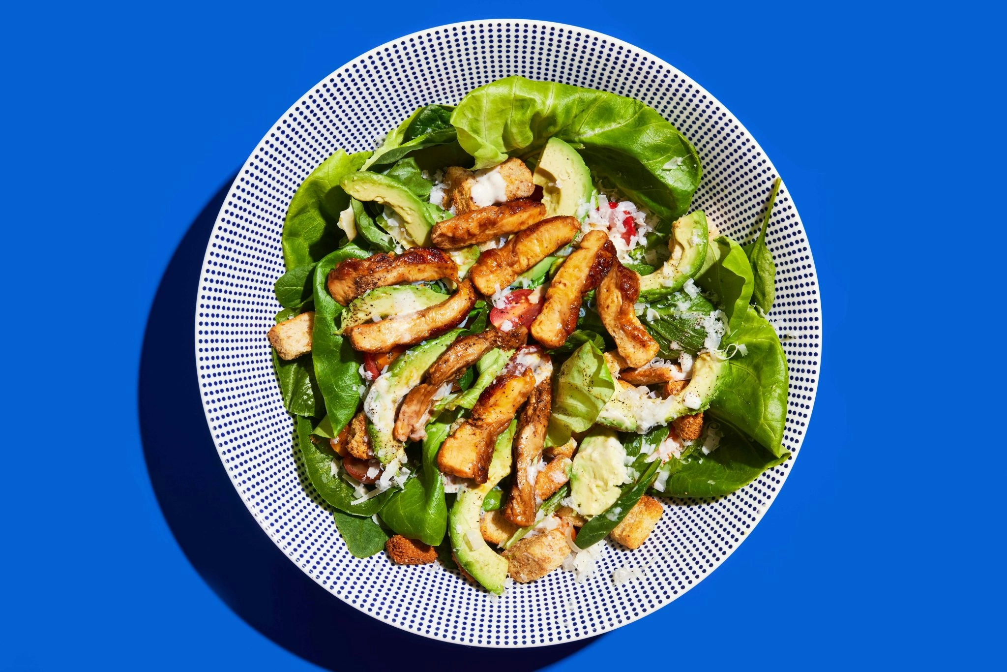 Caesar salad with plant-based chicken from Bosque Foods