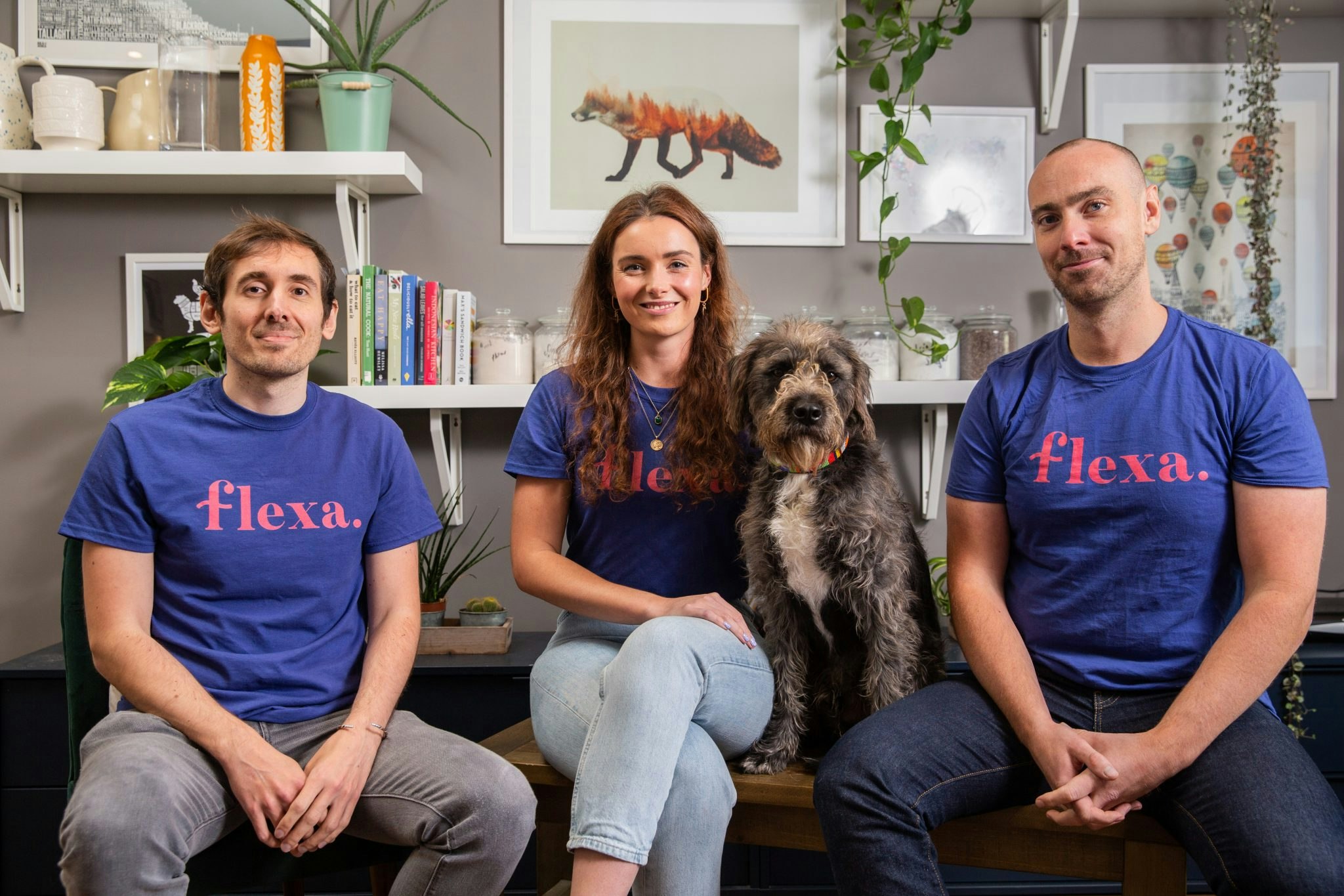 From left to right: Flexa's CTO Tim Leppard, CEO Molly Johnson-Jones, Gruff the dog and cofounder Maurice O'Brien