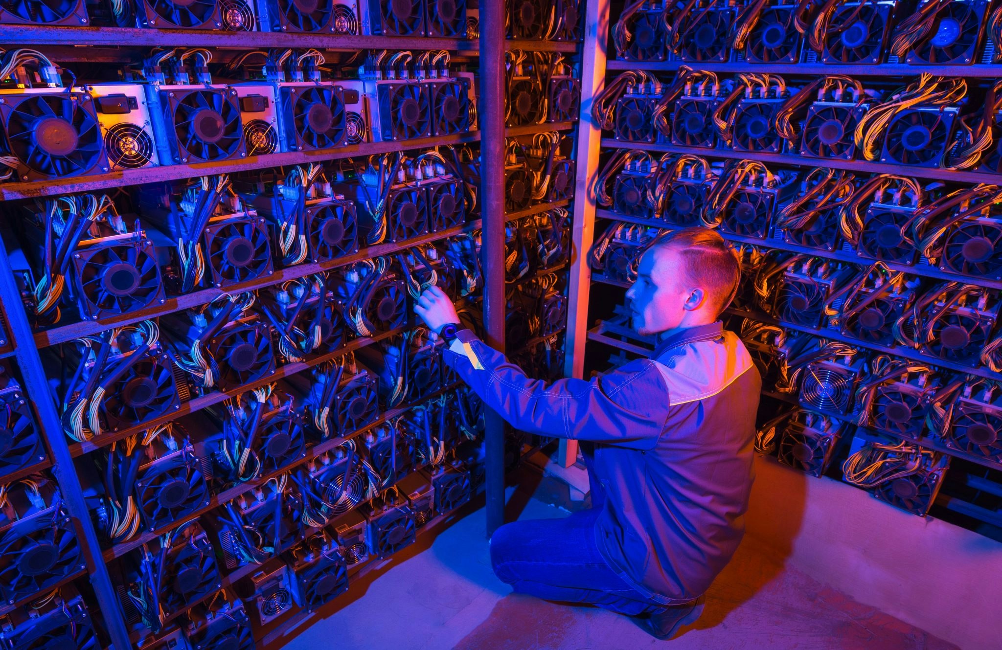 A man in a purple-lit room surrounded by crypto mining rigs