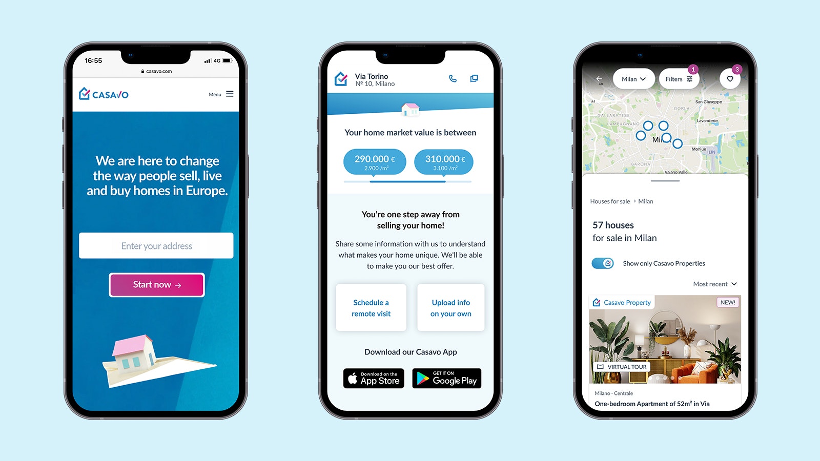 An image of the casavo app on a phone screen, showing its house valuation and property search functions