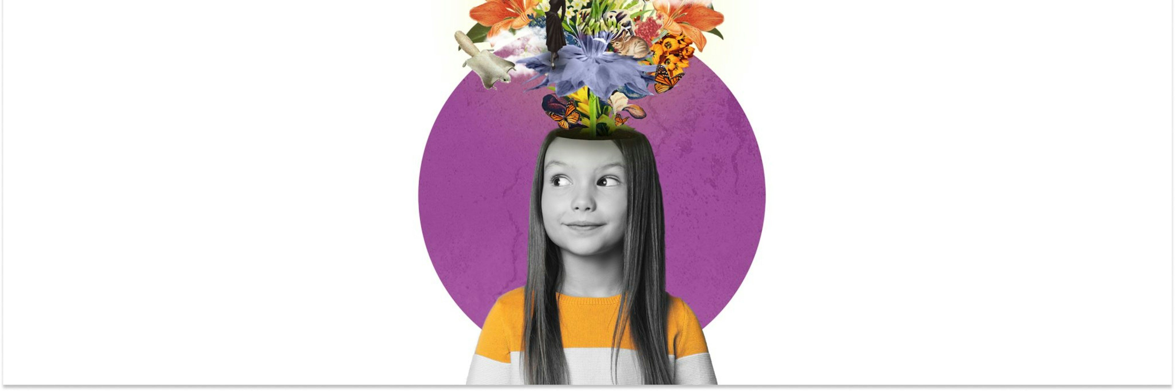 An image of a young girl with flowers and birds emerging from behind her head