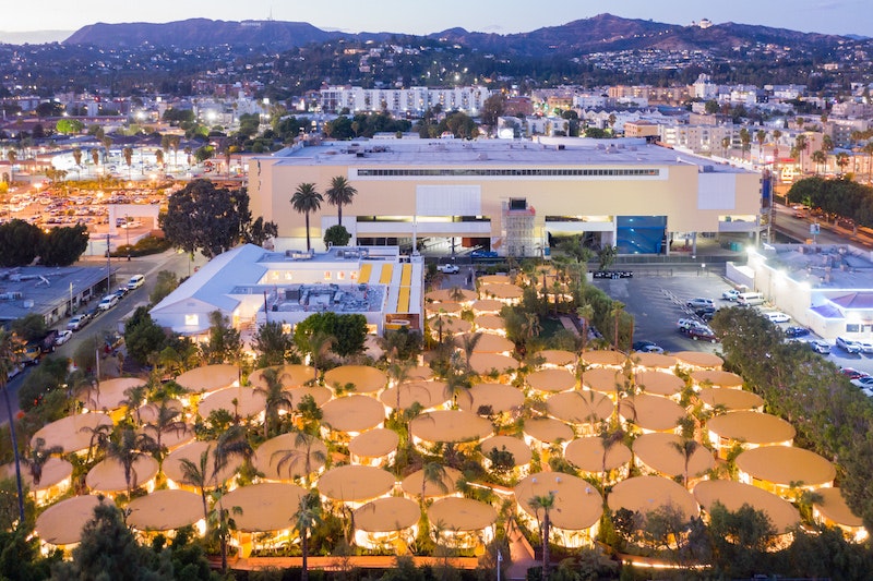 An aerial view of Second Home's Hollywood site, featuring the 60 outdoor pods and 6,500 plants, with a view to the Hollywood hills