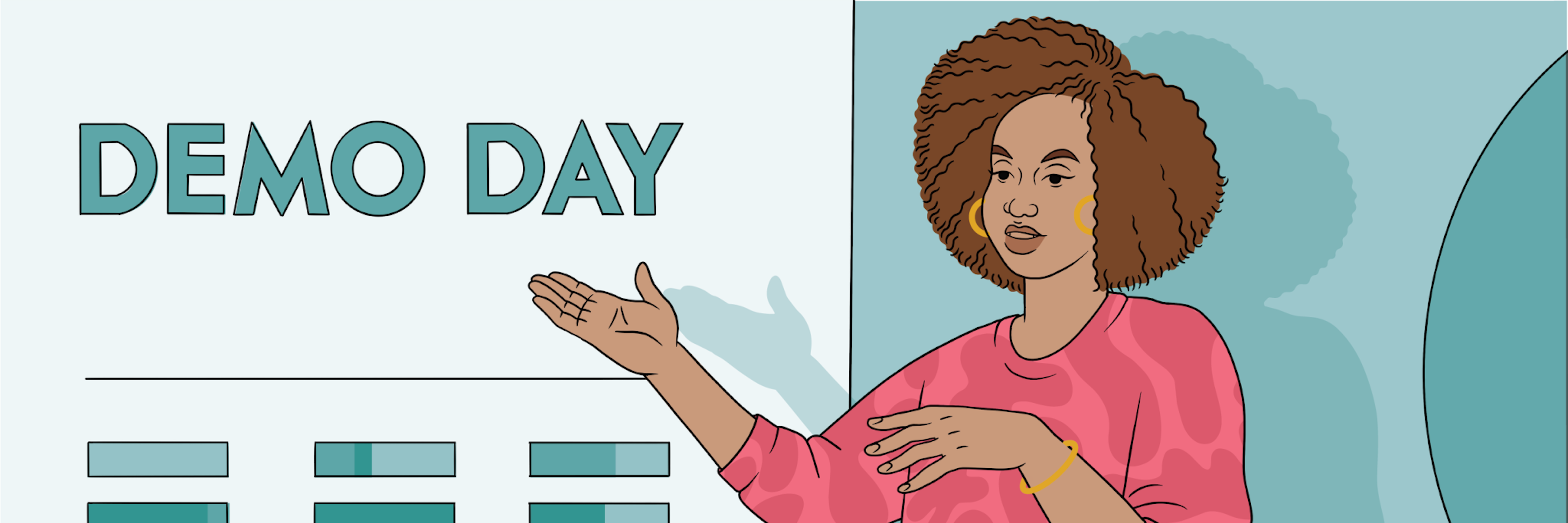 An illustrated image of a woman presenting at a demo day