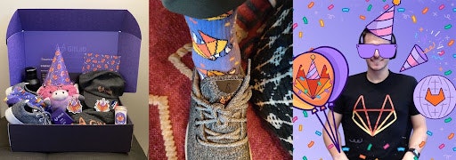 Three photos of GitLab branded merch: the first is apurple gift box full of gifts; the second is a shoe with branded socks; the third is a man with a branded tshirt on a purple background