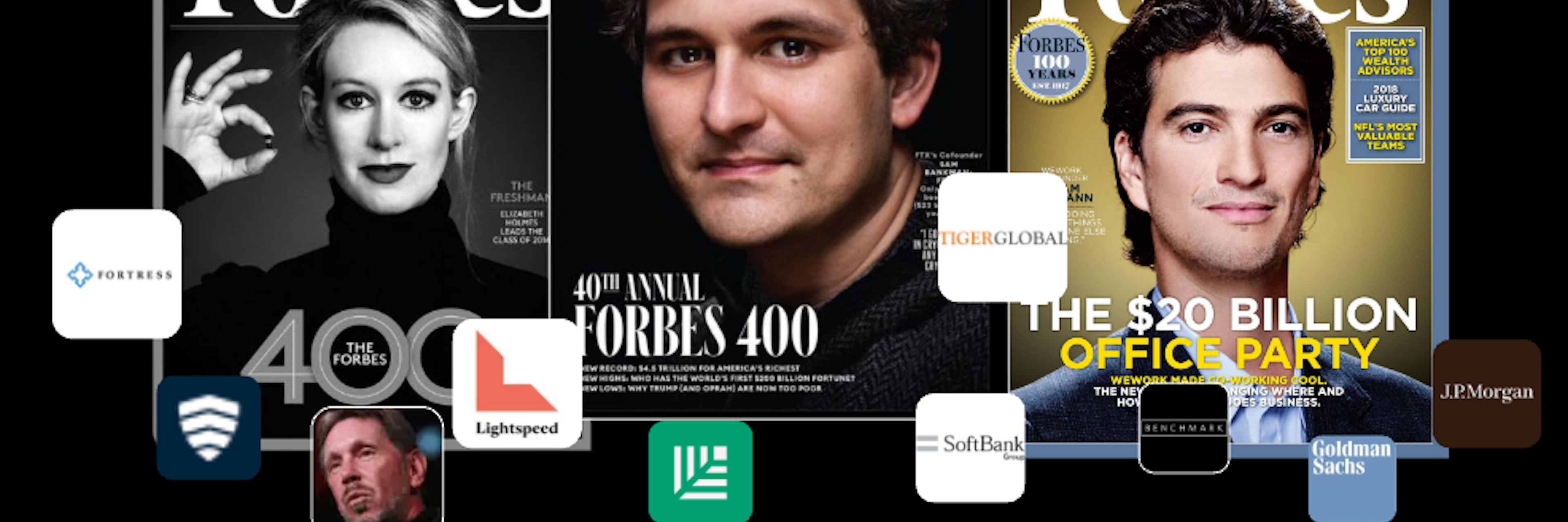 A collage of Forbes covers showing Elizabeth Holmes, Sam Bankman-Fried and Adam Neumann. Credit:Francesco Perticarari