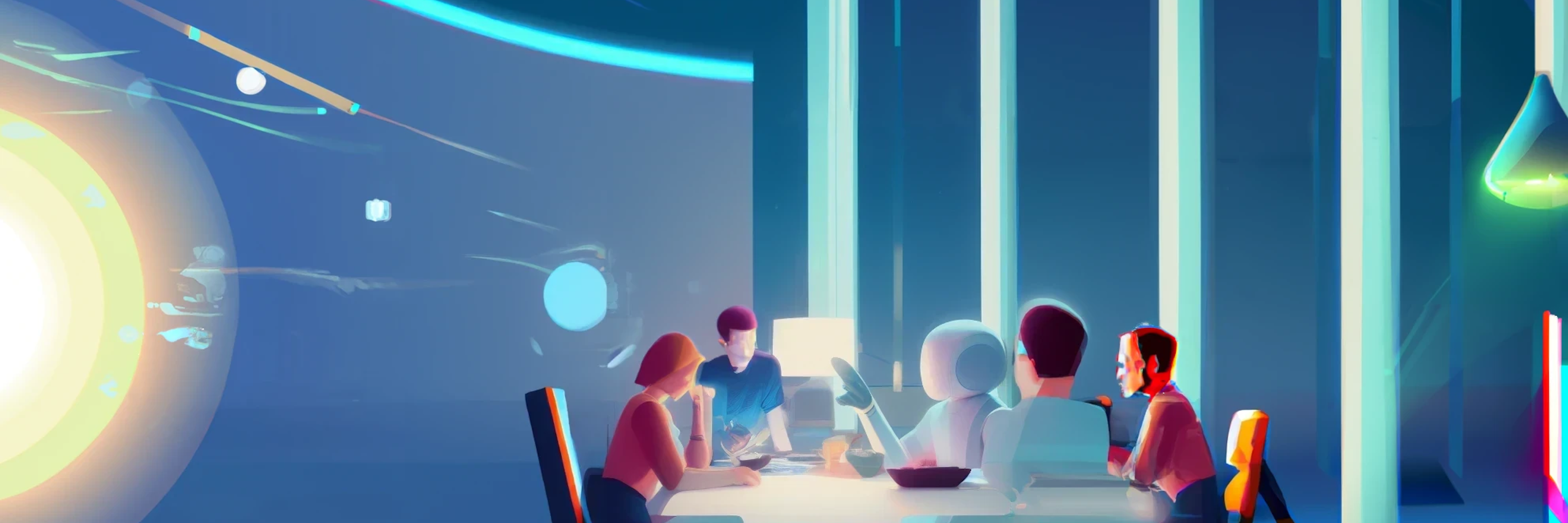 An AI-generated image of people working around a table