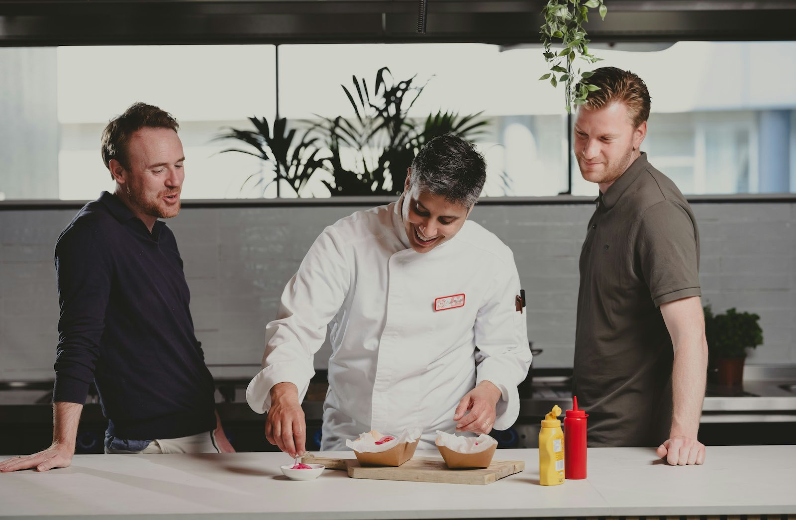 Picture of cell-based alternative meat startup Meatable's CEO Krijn de Nood, chef Rui-Paulo Cunha and Meatable's CTO Daan Luining