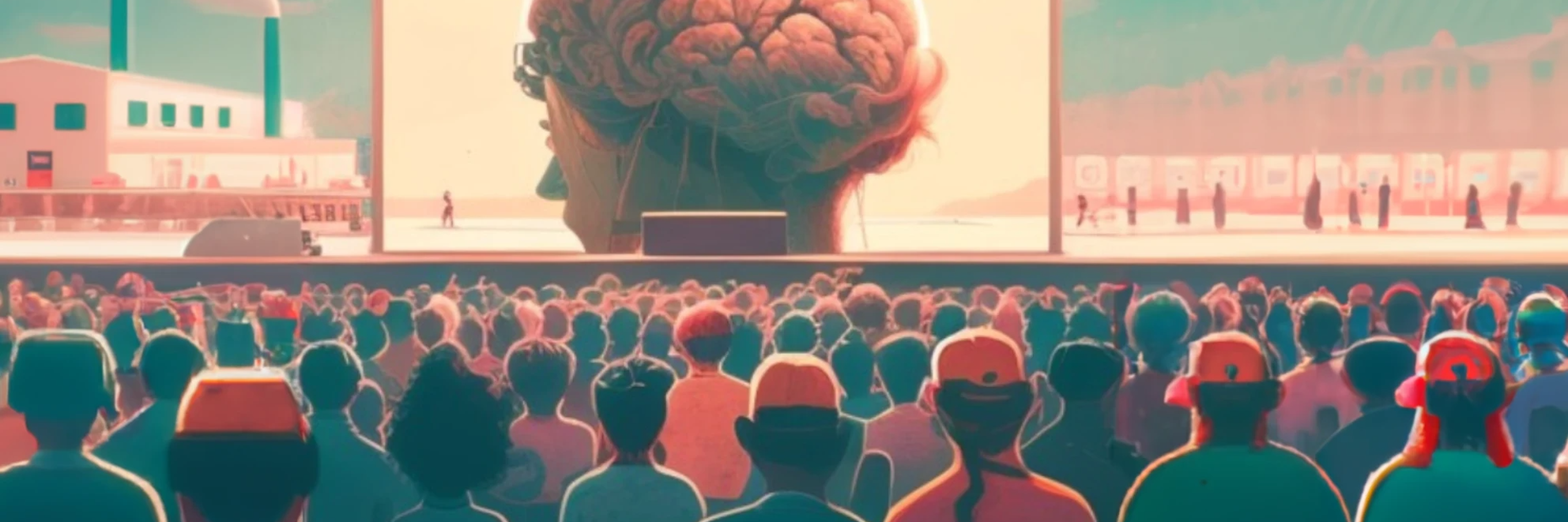 An AI-generated image of a crowd of people looking towards a stage in the distance. On it is a large screen showing a brain.