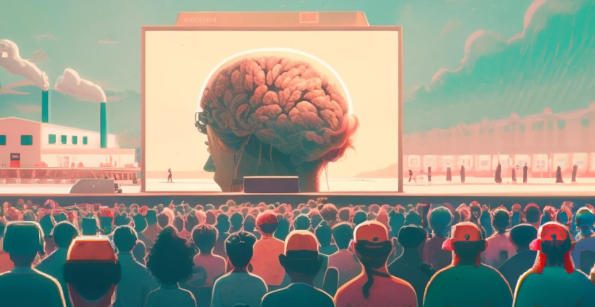 An AI-generated image of a crowd of people looking towards a stage in the distance. On it is a large screen showing a brain.